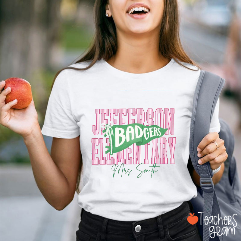 Personalized Mascot Pennant School Name Script Teacher T-Shirt