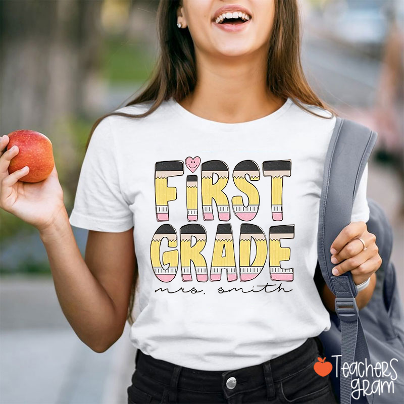 Personalized Grade Name Pencil Heart Teacher T-Shirt