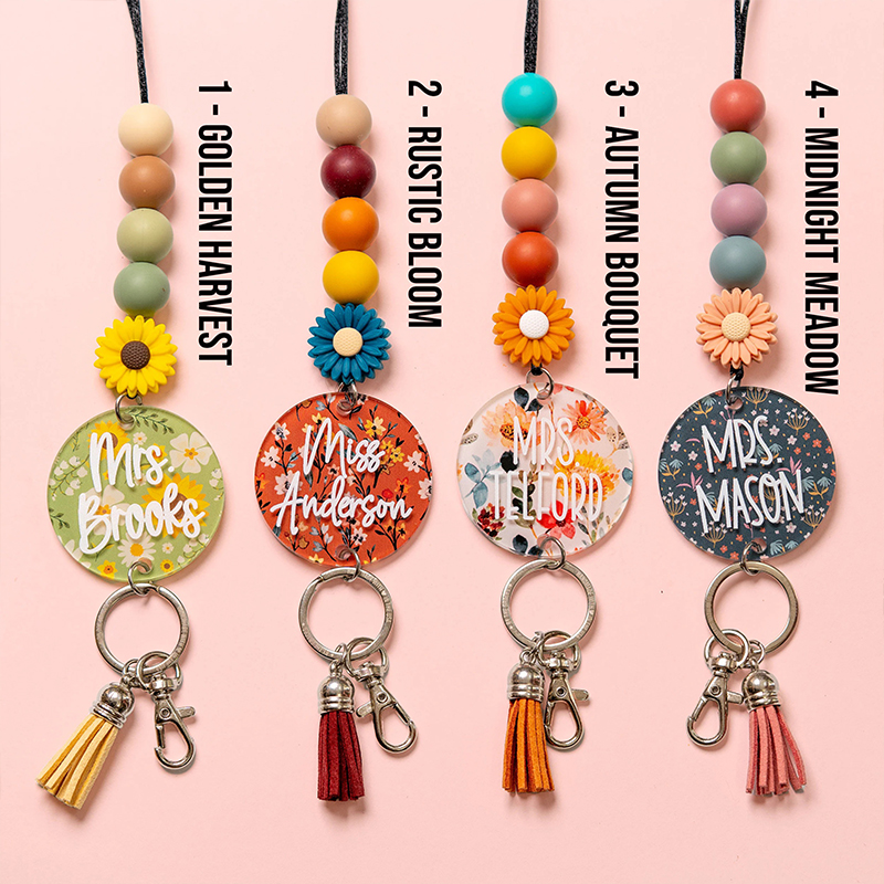Personalized Name Fall Floral Teacher Lanyard