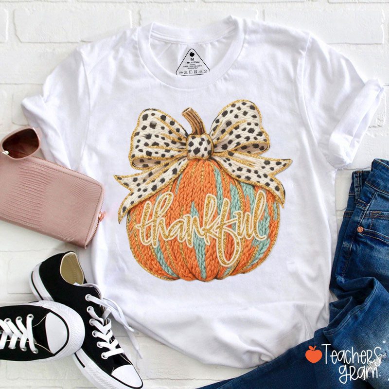Faux Yarn Thankful Leopard Pumpkin Teacher T-Shirt