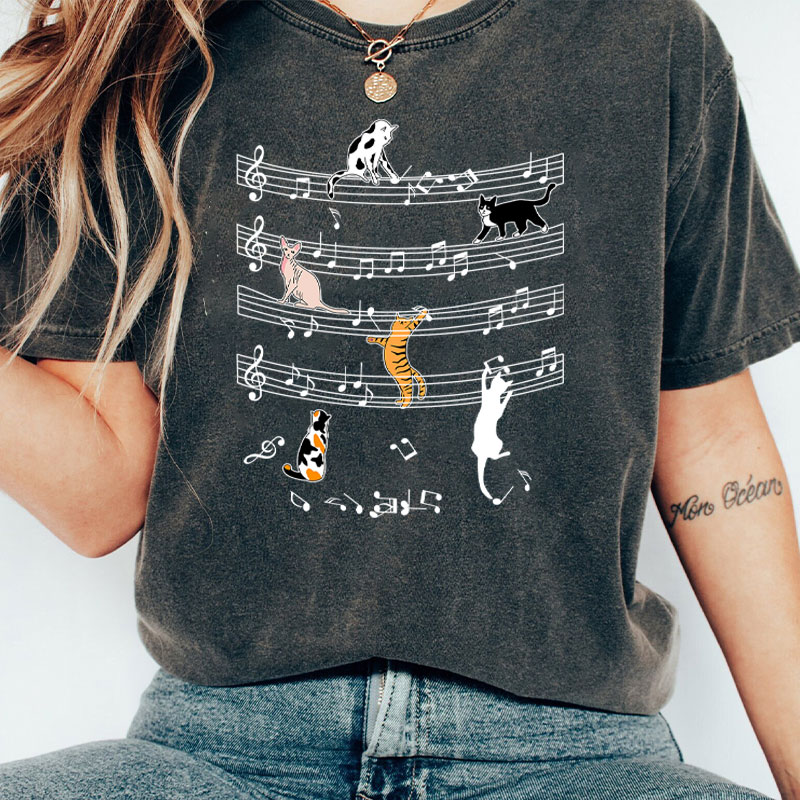 Cats And Music Teacher Washed T-Shirt