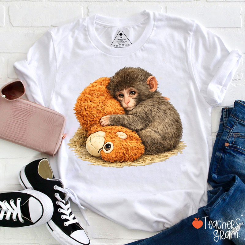 Baby Monkey Holding Plush Teacher T-Shirt