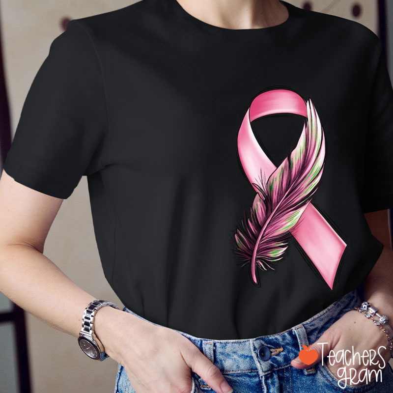 Feather Pink Ribbon Breast Cancer Awareness Teacher T-Shirt