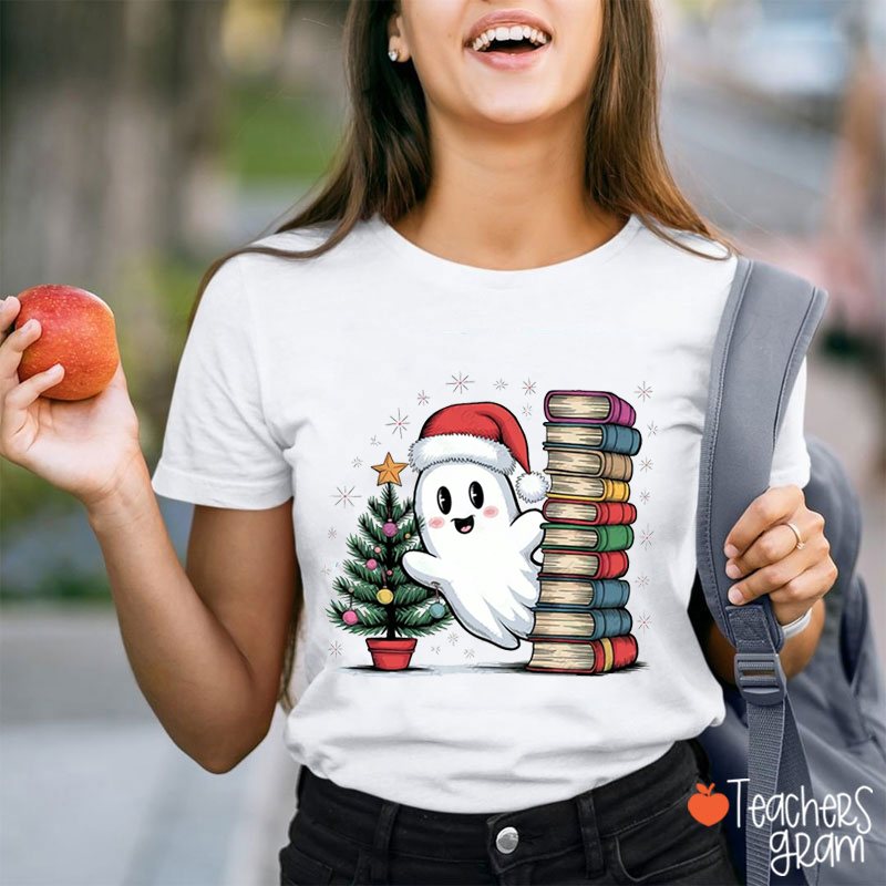 Cute Ghost Christmas Tree And A Pile Of Books Teacher T-Shirt