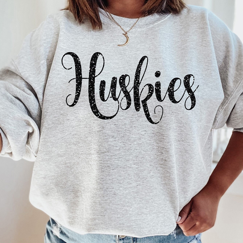 Huskies Glitter Script Teacher Sweatshirt