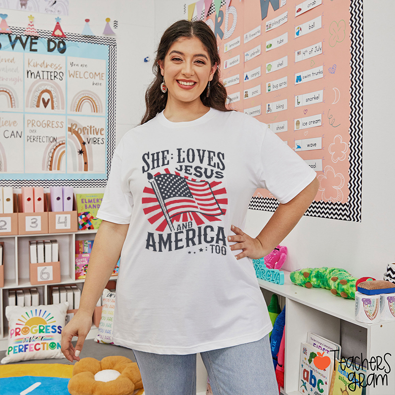 She Loves Jesus And America Too Teacher T-Shirt