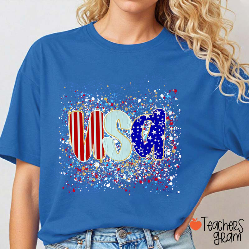 Watercolor Splatter USA Patriotic Teacher T-Shirt