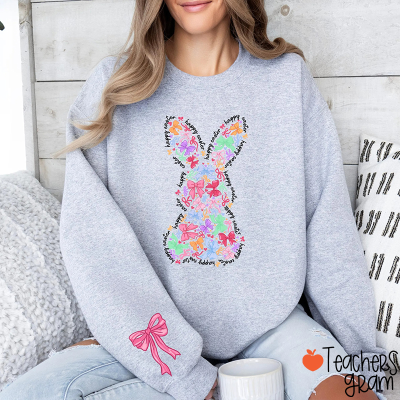 Coquette Bow Bunny Teacher Sleeve Print Sweatshirt