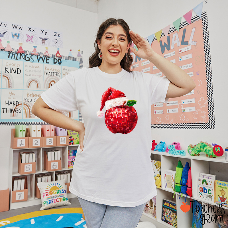 Faux Glitter Apple Santa Hat Teacher T-Shirt