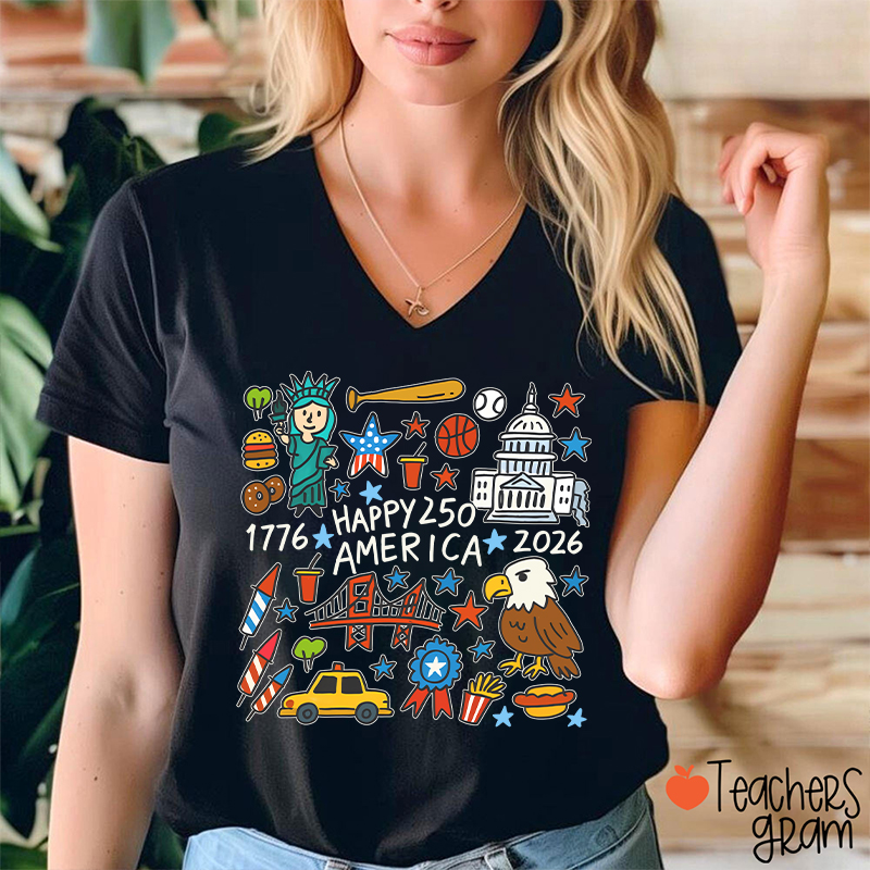 America 250th Anniversary Teacher Female V-Neck T-Shirt