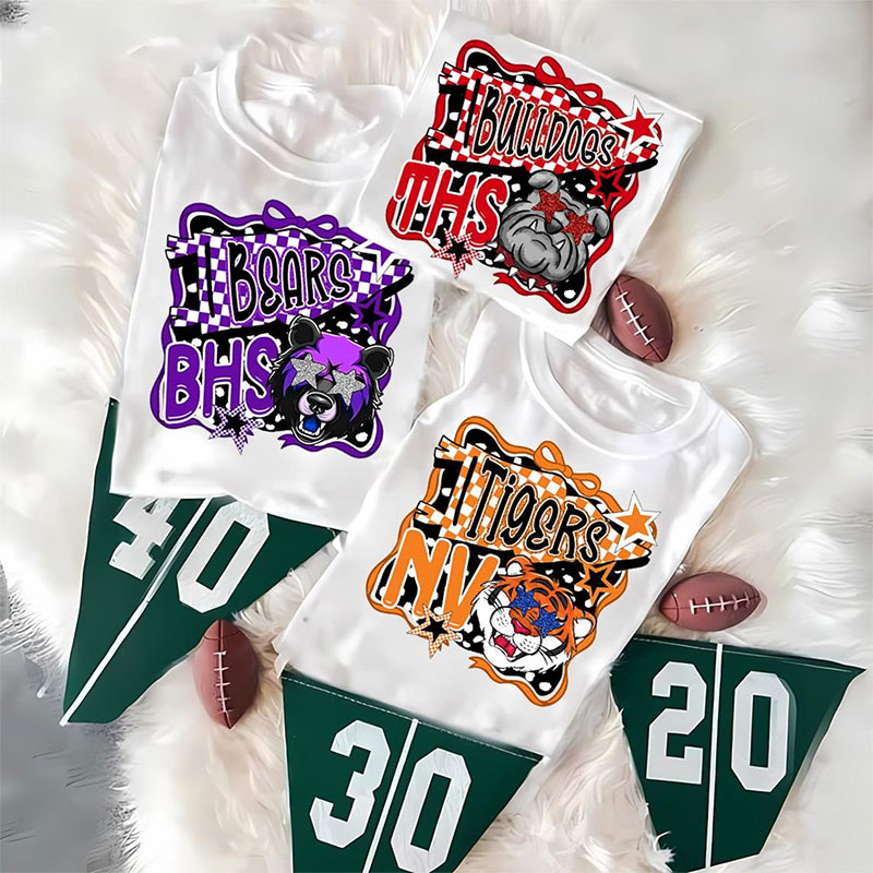Personalized Mascot School Spirit Checkered Bow Teacher T-Shirt