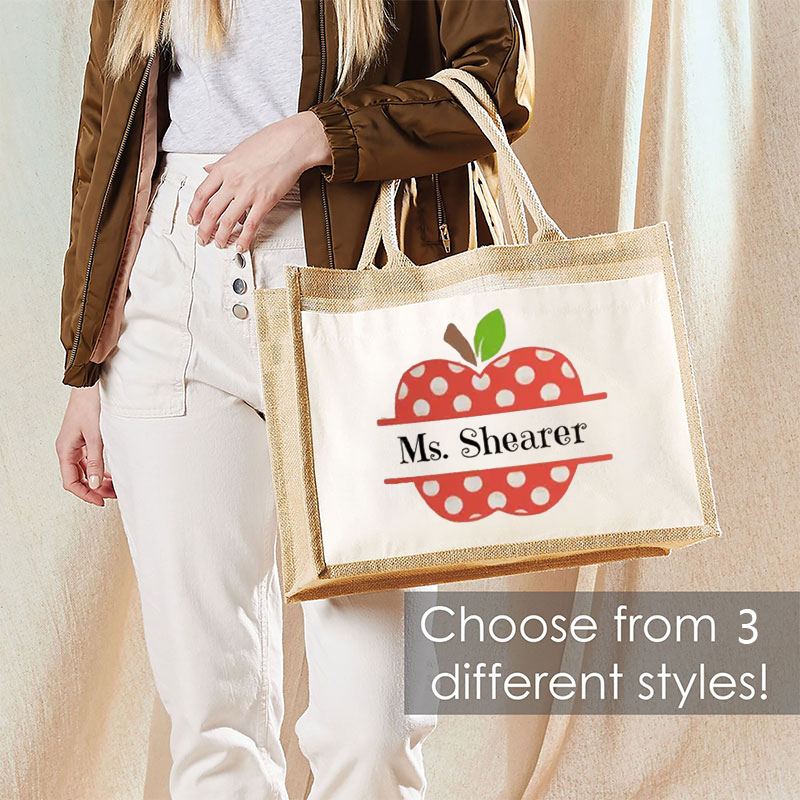 Personalized Name Apple Polka Dot Teacher Jute Lunch Bag
