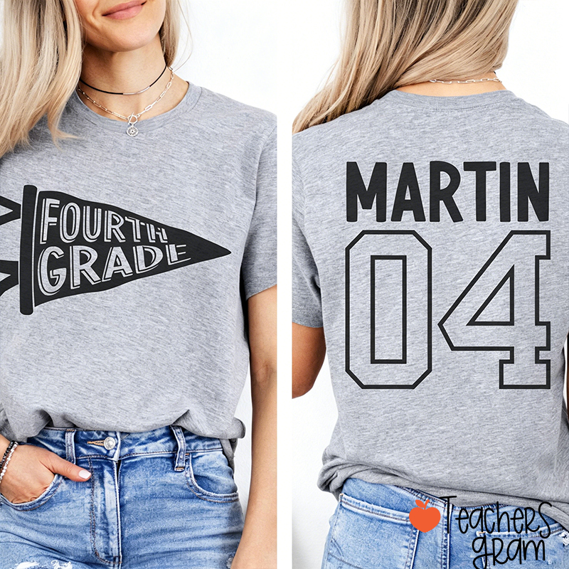 Personalized Name And Grade Pennant Back To School Teacher Two Sided T-Shirt