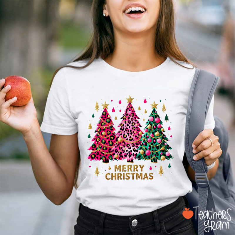 Leopard Print Christmas Tree Teacher T-Shirt