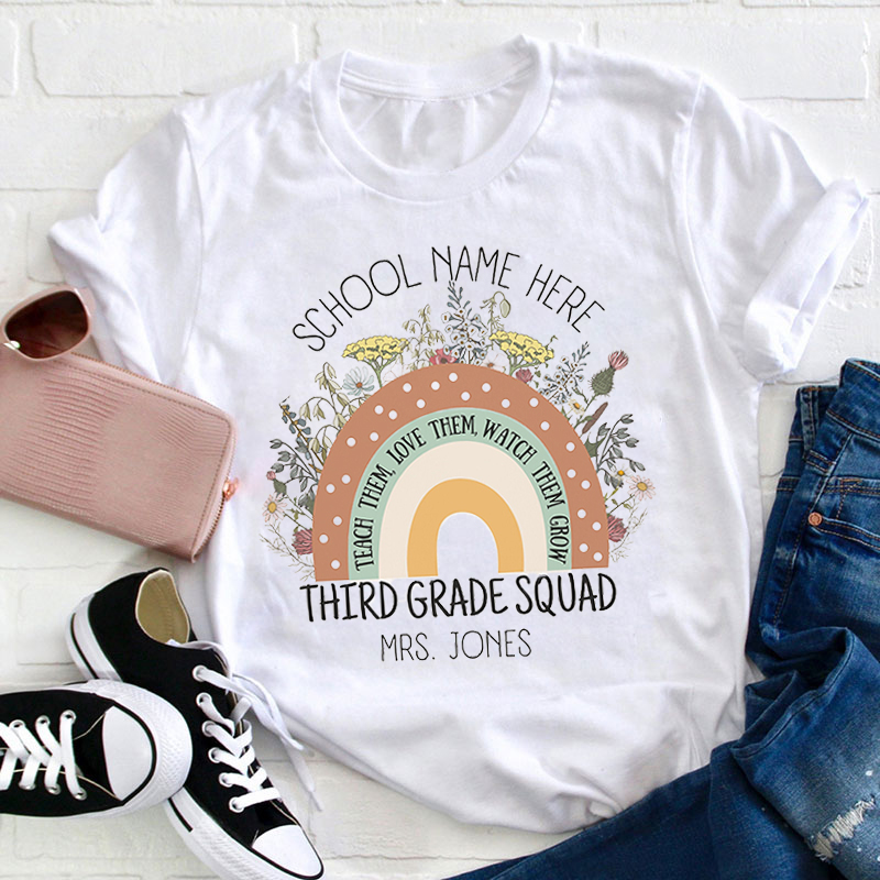 Personalized Teacher's Name Grade And School Flower Rainbow Print Teacher T-Shirt
