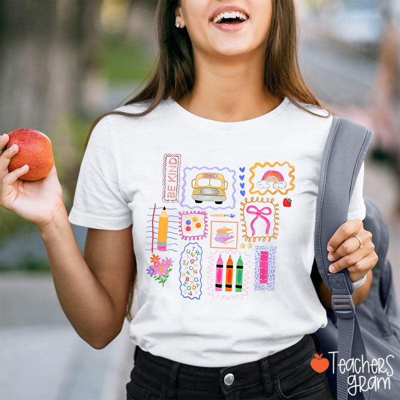 Be Kind School Bus Rainbow Bow Stationery Teacher T-Shirt