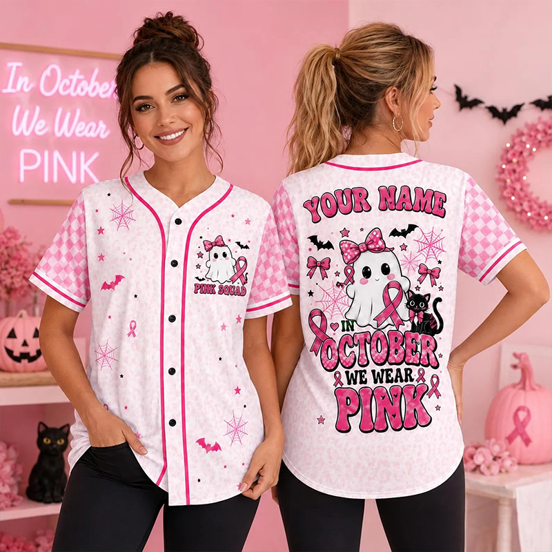 Personalized Name In October We Wear Pink Ghost Teacher Baseball Jersey