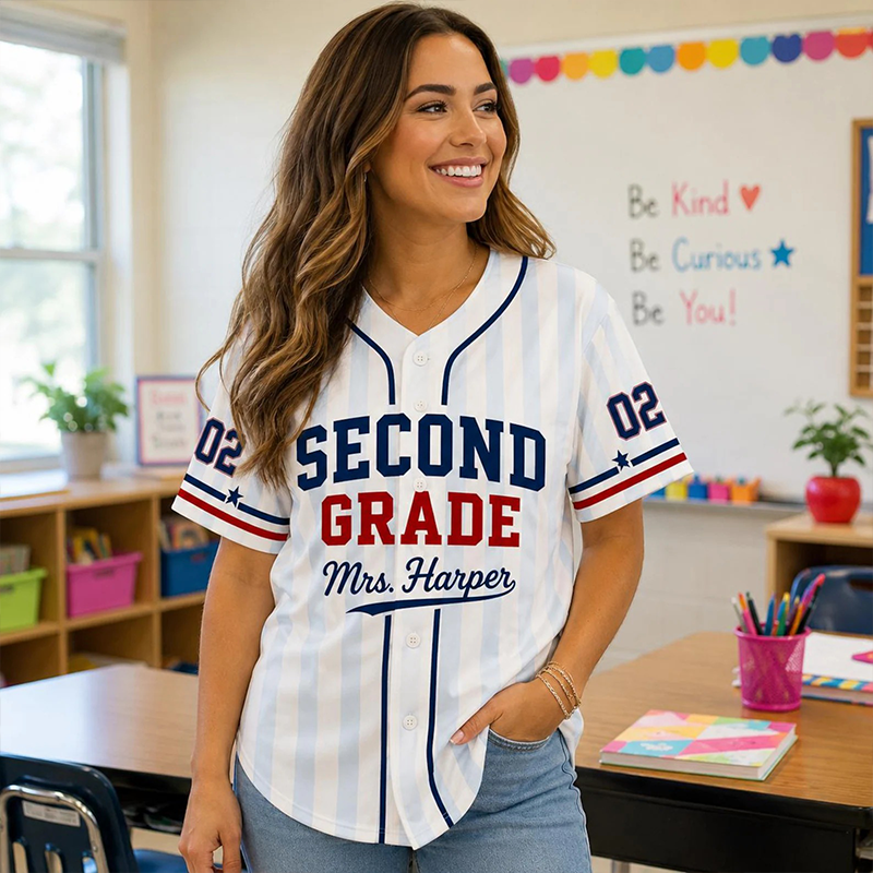 Personalized Grade And Name Pinstripe Teacher Baseball Jersey