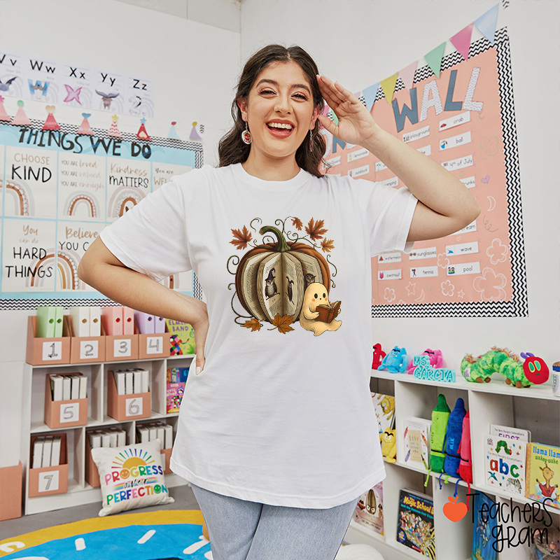 Fall Book Pumpkin Reading Ghost Teacher T-Shirt