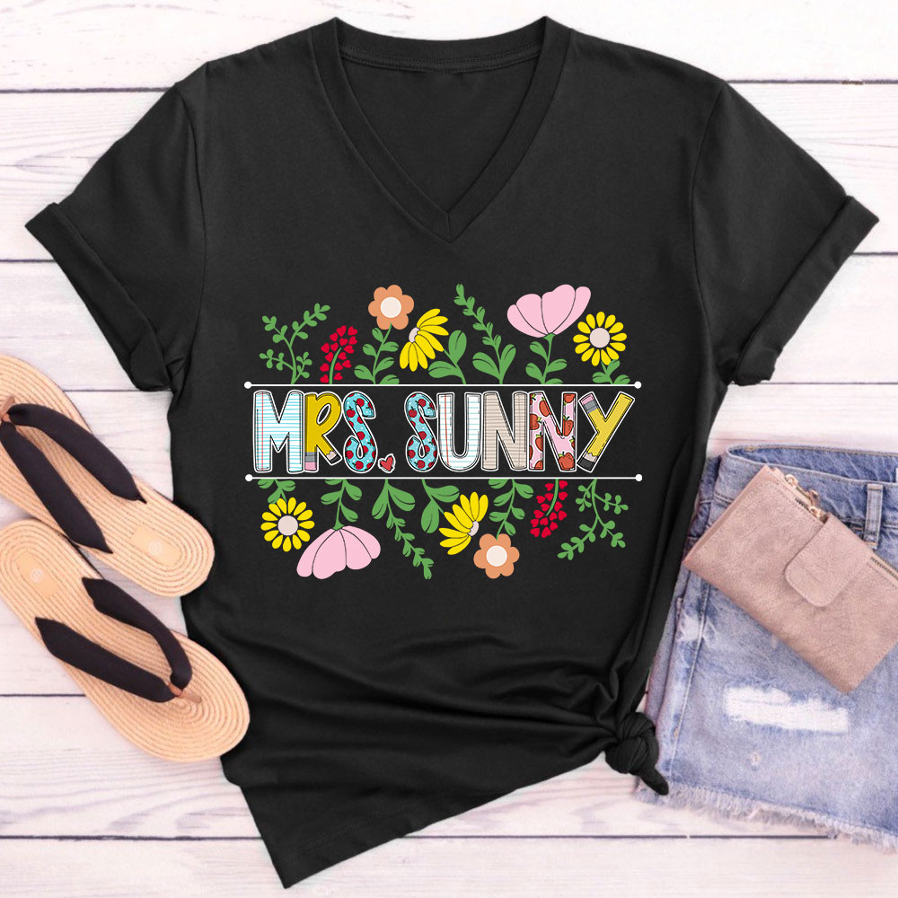 Personalized A Cluster Of Blooming Flowers Teacher Female V-Neck T-Shirt