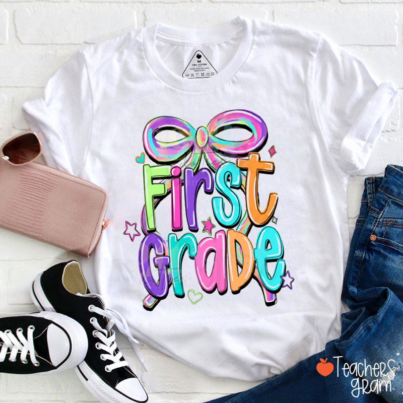Personalized Grade Colorful Bow Teacher T-Shirt