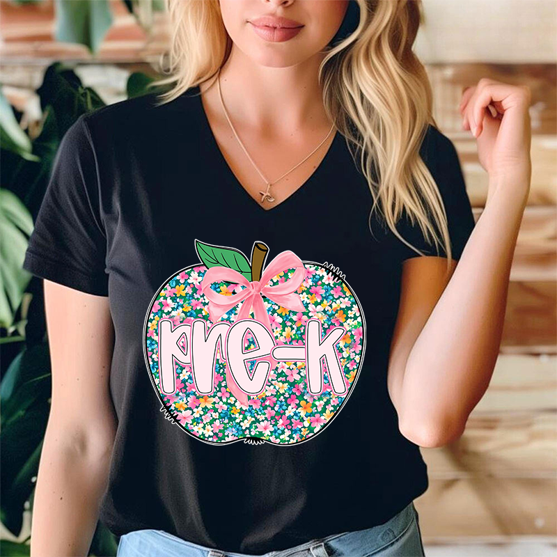 Personalized Grade Flowers Apple Teacher Female V-Neck T-Shirt