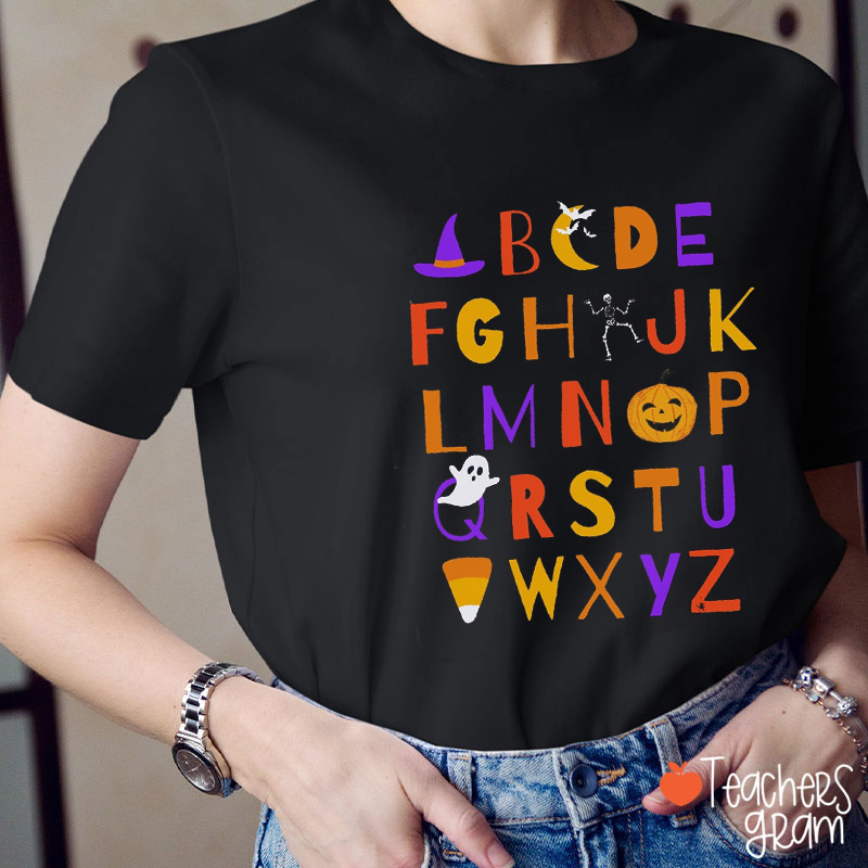 Skull Ghost Pumpkin Alphabet Teacher T-Shirt