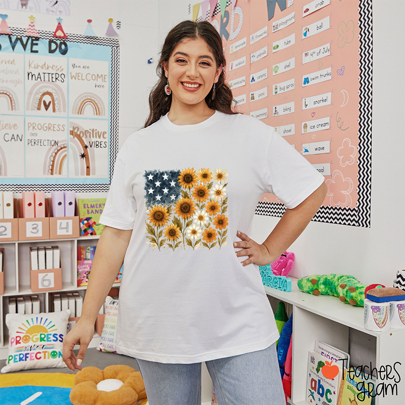 American Flag Sunflower Teacher T-Shirt