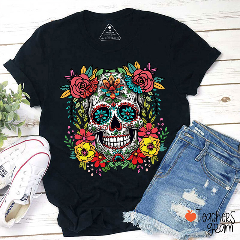 Día De Los Muertos Skull With Flowers Spanish Teacher T-Shirt