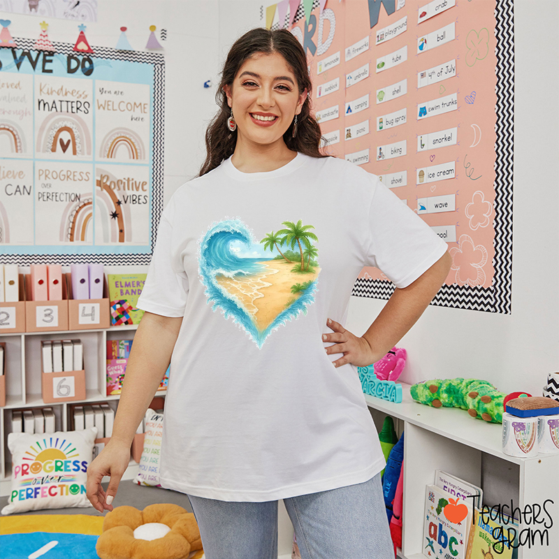 Heart-Shaped Ocean Beach Teacher T-Shirt