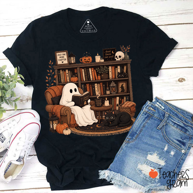 Vintage Bookish Ghost Black Cat Pumpkin Lantern Teacher T‑Shirt