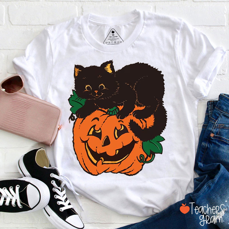 Black Cat On Pumpkin Teacher T-Shirt