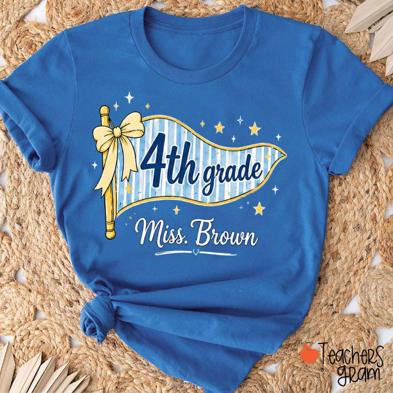 Personalized Shinging Stars And Bow Pennant Teacher T-Shirt