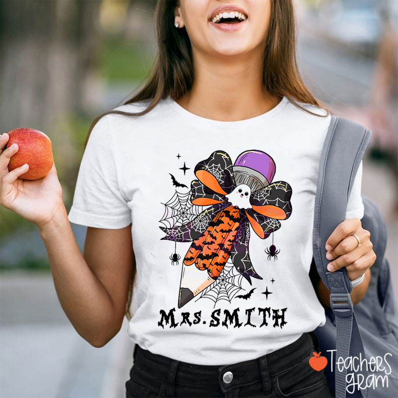 Personalized Name Halloween Bow Pencil Teacher T-Shirt