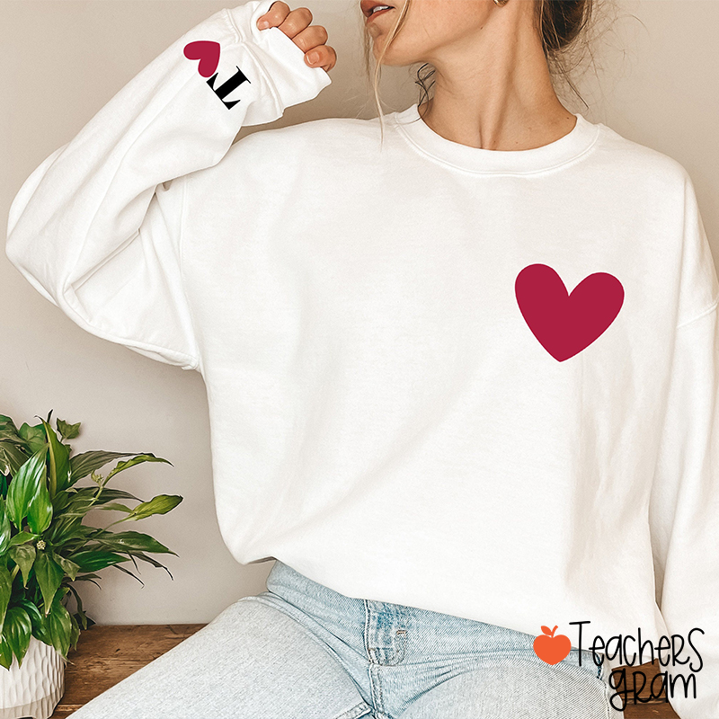Personalized Initials Love Heart Valentine Teacher Sleeve Print Sweatshirt