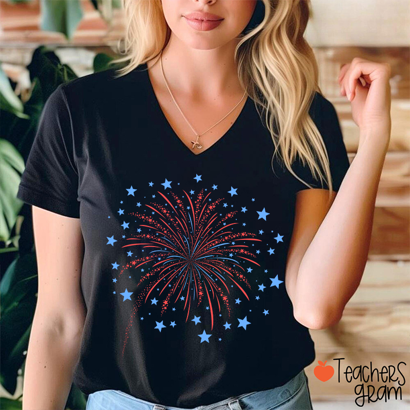 4th Of July Firework Teacher Female V-Neck T-Shirt