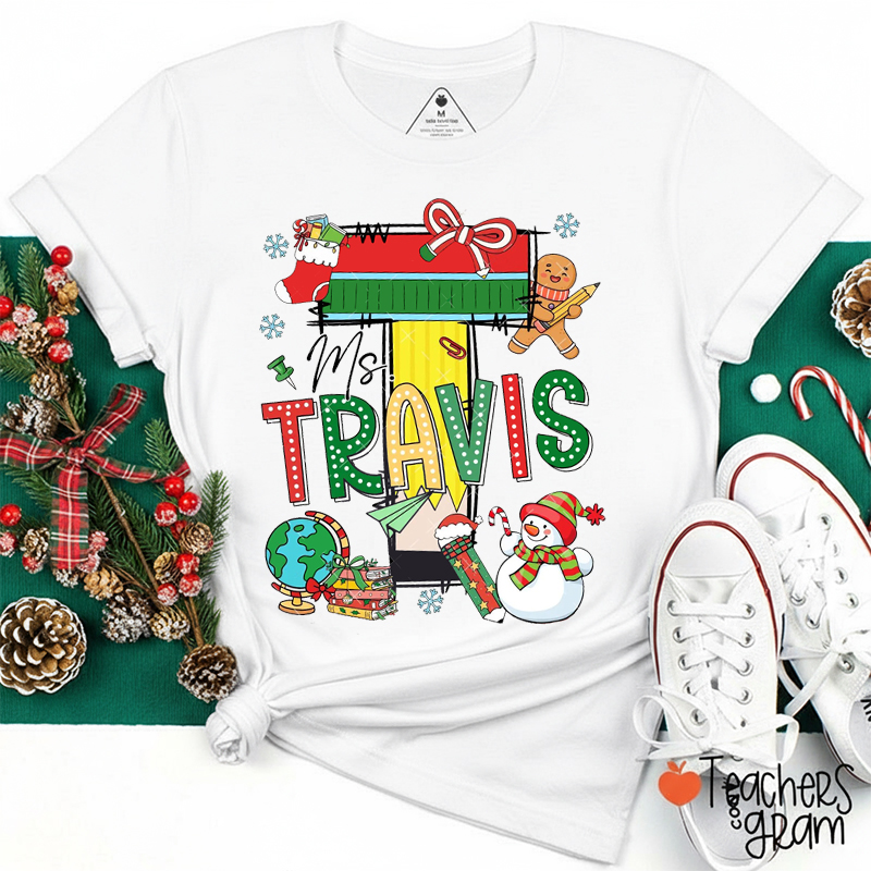 Personalized Name And Initial Pencil Font Christmas Vibes Teacher T-Shirt