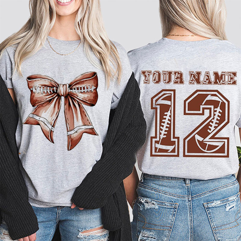 Personalized Name And Number Bow Football Game Day Teacher Two Sided T-Shirt