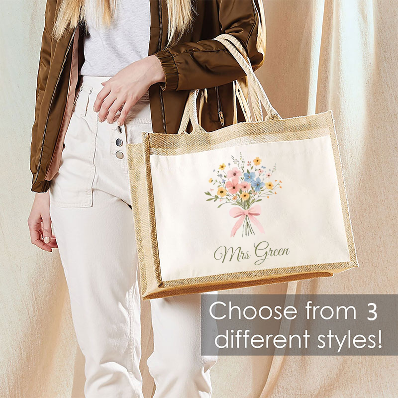 Personalized Name And Bouquet Teacher Jute Lunch Bag