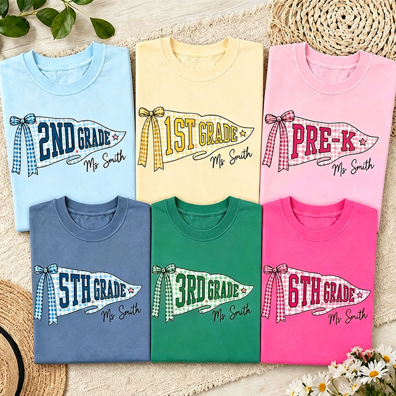 Personalized Grade And Name Gingham Bow Pennant Teacher T-Shirt