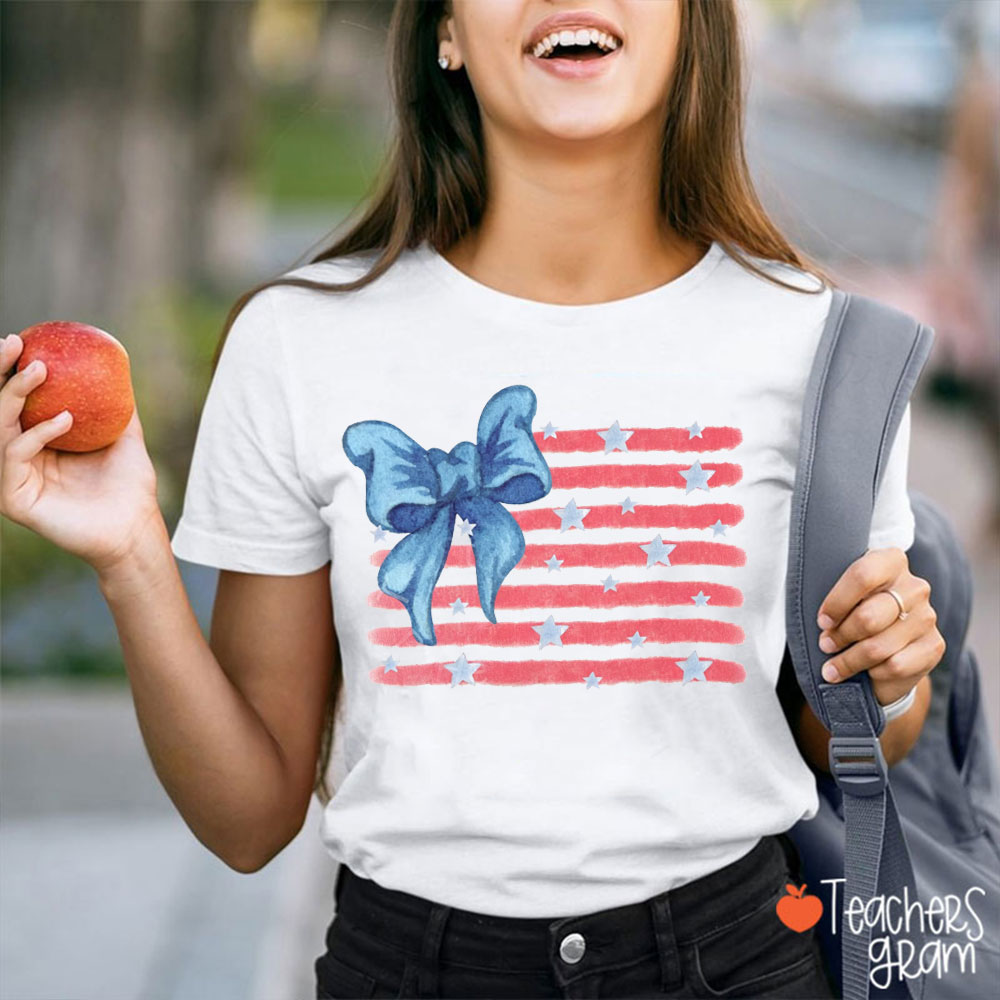 Coquette Bow American Flag Teacher T-Shirt