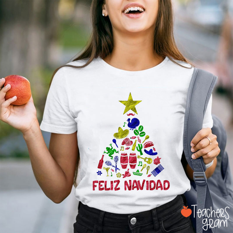 Feliz Navidad Christmas Tree Sapnish Teacher T-Shirt