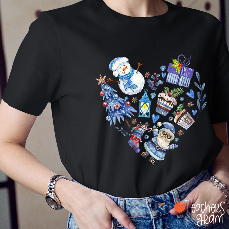Blue Christmas Tree Snowman Santa Claus Teacher T-Shirt