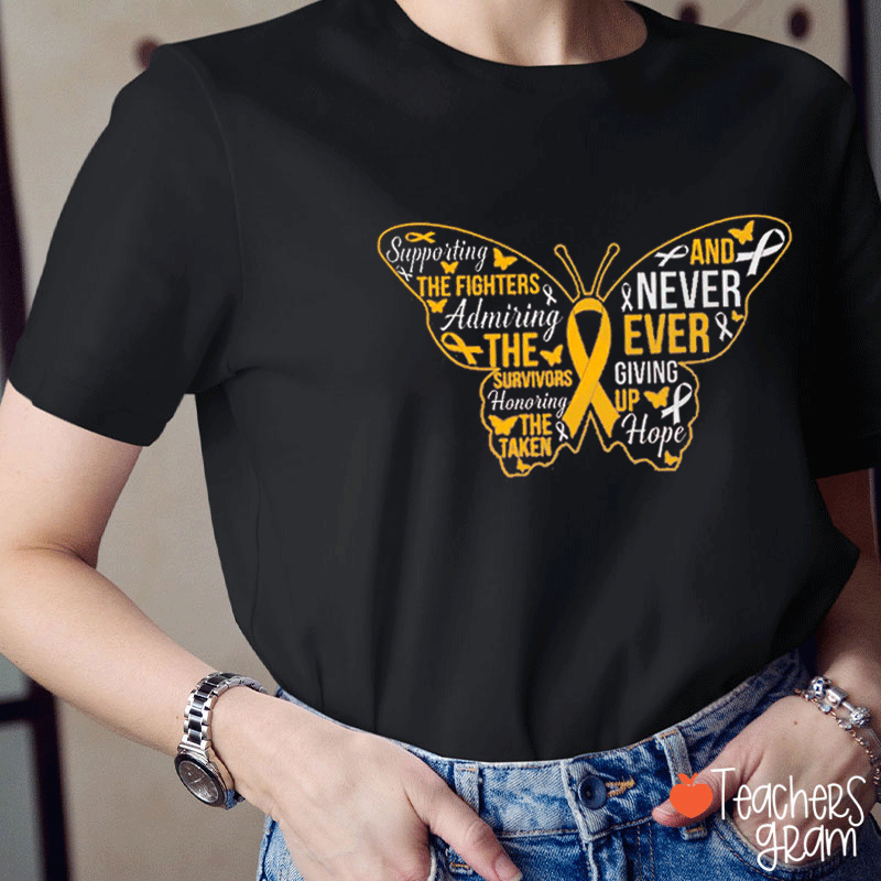 Yellow Butterfly Childhood Cancer Awareness Teacher T-Shirt