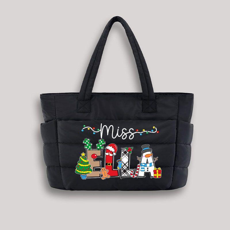 Personalized Name Cute Christmas Elements Teacher Puffy Tote Bag