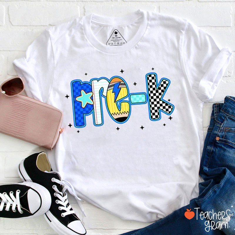 Personalized Grade Checkerboard Pencil Fonts Teacher T-Shirt