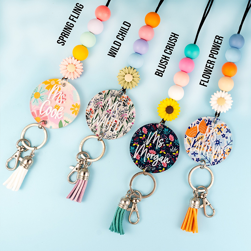 Personalized Name Spring Floral Teacher Lanyard