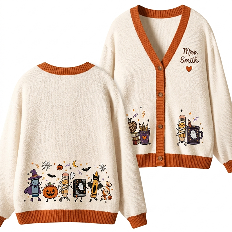 Personalized Name Fall Halloween Teacher Stationery Character Teacher Ugly Cardigan Sweaters