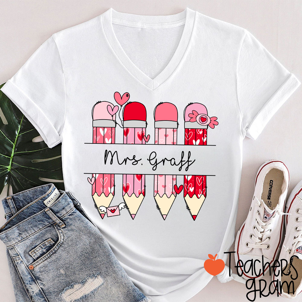 Personalized Pink Pencil Name Teacher Female V-Neck T-Shirt