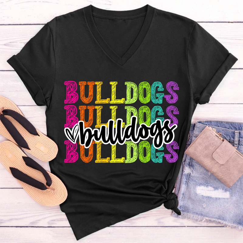Personalized Mascot Graffiti Font School Spirit Teacher Female V-Neck T-Shirt